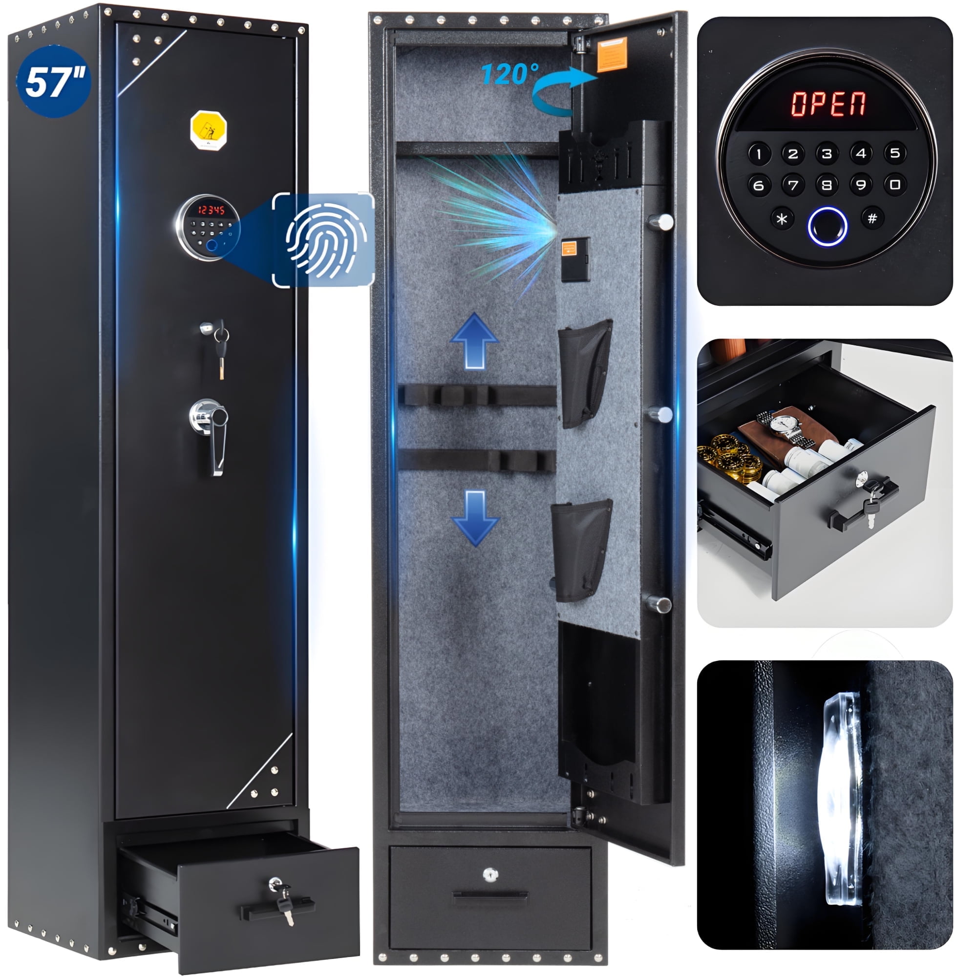 Gun Safe,BlackSmith Biometric 6 Gun Safes with Drawer and Removable Shelf,Fingerprint Quick Access Rifle Safe Gun Cabinet for Rifles,Shotguns,Pistols
